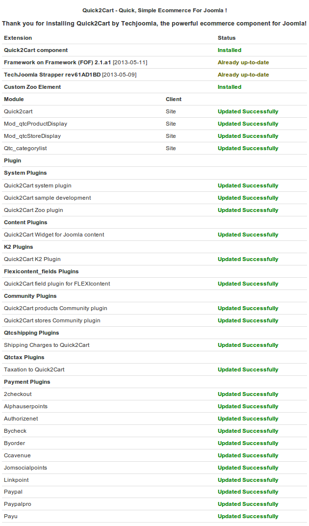 After installation, you will find extensions status as shown in below screen shot. QtcinstallationScreen