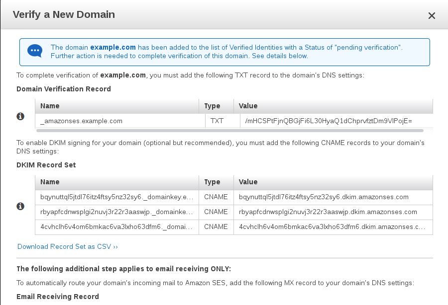 Verification and DKIM Records for Amazon SES