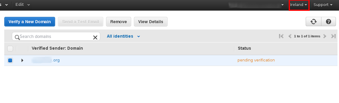 Region for Amazon SES